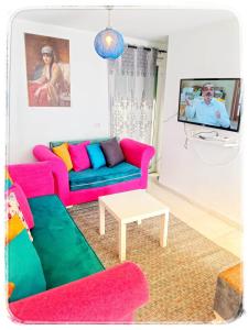 西迪·布·赛义德Cosy Duplex" Sidi Bou Said "的带沙发和电视的客厅