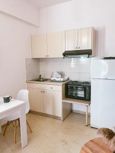 依拉佩特拉SeaSideRooms的厨房配有白色橱柜、水槽和冰箱。