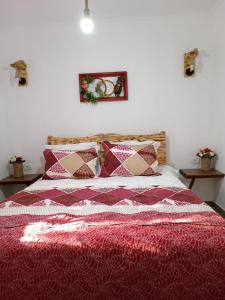 皮亚特拉-尼亚姆茨Desculti prin iarba- la 6,6 km de centrul Piatra Neamt的一张带红色毯子和枕头的床