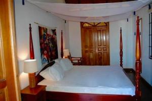 Englishmanʼs BayParrot Estate Villa的一间卧室配有一张带天蓬的大床