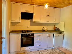 AybastıPersembe House的厨房配有白色橱柜和炉灶烤箱。