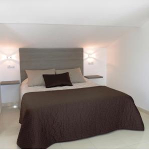 菲尼斯特雷Albergue-Pensión Cabo da Vila的一间卧室配有一张带棕色毯子的大床