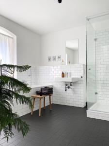 科隆Zehuus mit Domblick und Dachterrasse的一间带木桌和淋浴的浴室