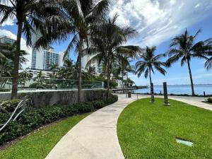 迈阿密OQP Vacations Edgewater的穿过棕榈树和海洋的公园的步行道