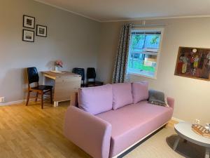 斯沃尔韦尔City Svolvær的客厅里设有紫色沙发,配有窗户