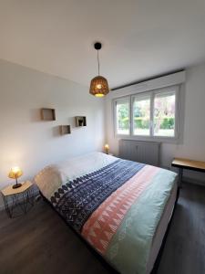 梅斯Sweet appartement entier Metz Sablon Gare 75 m2的一间卧室设有一张大床和一个窗户。