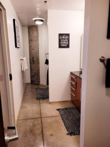 圣路易斯Staycation City Loft Free Gated Parking的走廊通往带步入式淋浴间的浴室