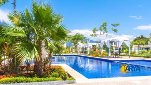 巴亚尔塔港Casa con alberca, coto privado, gran ubicacíon的棕榈树和建筑度假村的游泳池
