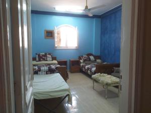 阿斯旺Mourad House的客厅拥有蓝色的墙壁和沙发