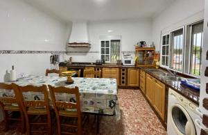塔里法Chalet en la playa de Bolonia的厨房配有桌子、水槽和炉灶。