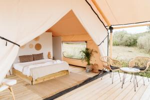 辛特拉Dreamsea Surf Guest House的帐篷内一间卧室,配有一张床和椅子