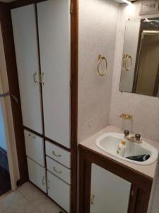 吉日茨科KAMPER NAD BRZEGIEM JEZIORA NIEGOCIN的一间带水槽和镜子的小浴室
