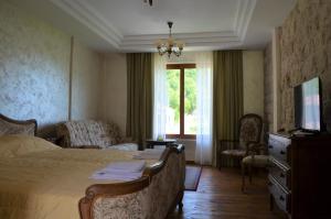 采蒂涅Markovic Winery and Estate apartments的一间卧室设有一张床、一台电视和一个窗口。