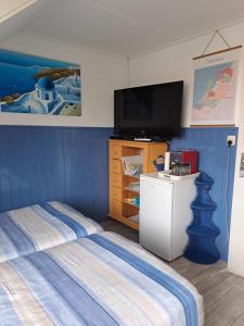 佐特兰德Unia's Verhuur的一间卧室配有两张床和一台平面电视