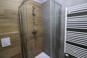 Velika MlakaRooms Matić的浴室里设有玻璃门淋浴