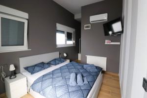 Velika MlakaRooms Matić的一间卧室配有一张带蓝色枕头的床和一台电视。