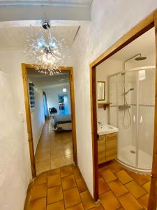 维厄勒斯Le Mas de la Soie的一间带步入式淋浴间和吊灯的浴室