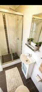 悉尼Bondi accomodation的带淋浴、卫生间和盥洗盆的浴室