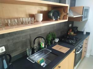 普拉亚Homing Plateau - Apartment in the city of Praia的厨房柜台设有水槽和炉灶。