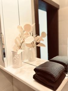 斯伽尔达Villa Vilma的浴室的柜台配有镜子和一些毛巾