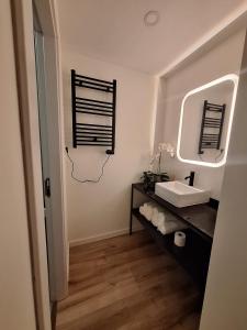 波尔图Hotel Portucalense的一间带水槽和镜子的浴室