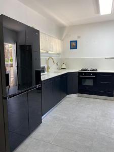 尼夫佐哈Romi's suite by LOREN VILLAGE的一间设有黑色橱柜和炉灶的大厨房