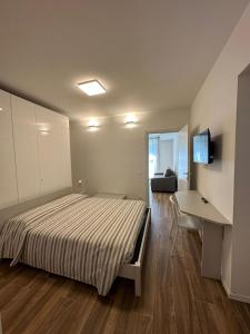 圣佩莱格里诺温泉San Pellegrino Suites的一间卧室配有一张床、一张书桌和一台电视