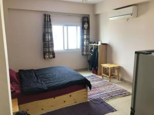 达哈布Dahab Relax Studio 3的一间卧室设有床、窗户和地毯。