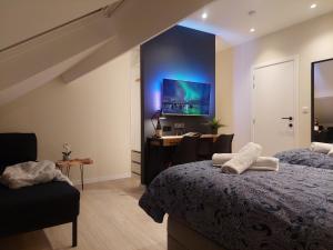 通厄伦Viator Holidayhome的一间卧室配有两张床、一张桌子和一台电视。