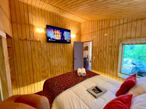 巴拉斯港Stillner Waldhaus的卧室配有一张床铺,墙上配有电视