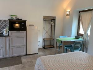 雷纳马约勒Stazzu nuraghe Mannucciu的客房设有一张床和一间带冰箱和桌子的厨房