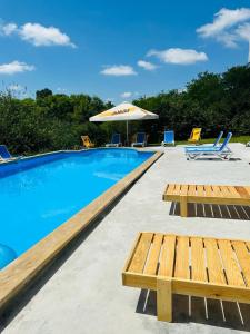 茨卡尔图博Vita Gardenia Hotel Tskaltubo的一个带长椅和遮阳伞的游泳池