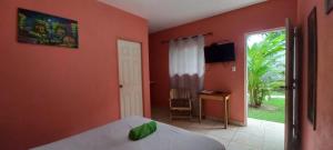 马那瓜Hotel Munch的一间卧室拥有橙色的墙壁、一张床和窗户