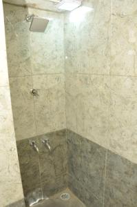 坦贾武尔Sagar homestay的带淋浴的浴室(带石墙)