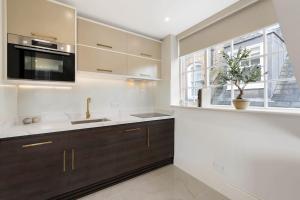 伦敦Wonderful Knightsbridge Apartment by Harrods的厨房配有水槽和微波炉