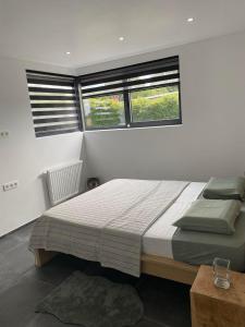 杜柏Bed&Breakfast Durbuy的一间卧室设有一张大床和两个窗户。