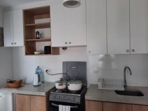 蓬塔赫尔莫萨Loft acogedor con área de parrilla y piscina的厨房配有白色橱柜和炉灶烤箱。