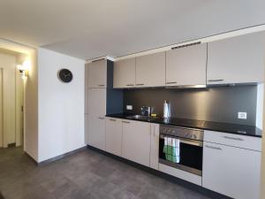 弗里堡Cosy appartement 1 chambre au coeur du bourg的厨房配有白色橱柜和炉灶。