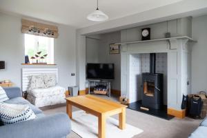 DorstoneStunning lodge in idyllic rural Herefordshire的带沙发和壁炉的客厅