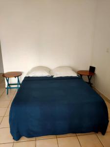 莱特鲁瓦西莱Tuilerie Dream blue Trois ilets anse mitan的一张带两张桌子的房间的床位