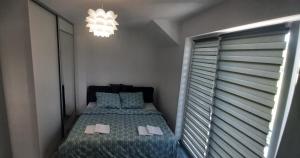 新松奇Dom w Beskidzie - dla rodzin的一间带一张床和吊灯的小卧室