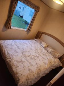 英戈尔德梅尔斯Woods caravan的一间卧室设有一张大床和窗户