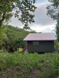 AbangaritosVilla Serena Monteverde的田野上带锡屋顶的小建筑