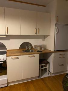 瑟沃格Cosy house near airport的厨房配有白色橱柜和水槽