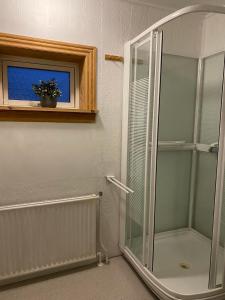 瑟沃格Cosy house near airport的带窗户的浴室内的玻璃淋浴间