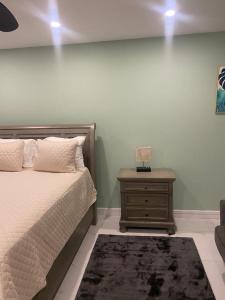 蒙特哥贝City View Luxury Home的一间卧室配有一张床和一个带灯的床头柜