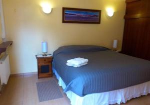 圣佩德罗·德·阿塔卡马索洛旅馆的一间卧室配有床和床头柜,并提供毛巾