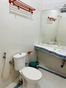 科钦Chameleon Beach Resort, Cherai的一间带卫生间、水槽和镜子的浴室