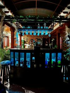 莱瓦镇Hotel Oasis de la villa的天花板上挂着蓝色花瓶的酒吧