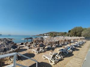 瓦里Varkiza Sea View Apartment - Free Parking的海滩上配有躺椅和遮阳伞